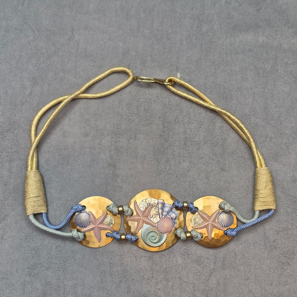 Vintage Sea Life Belt Gold & Blue Seashells Nautical Beachy Coastal Design